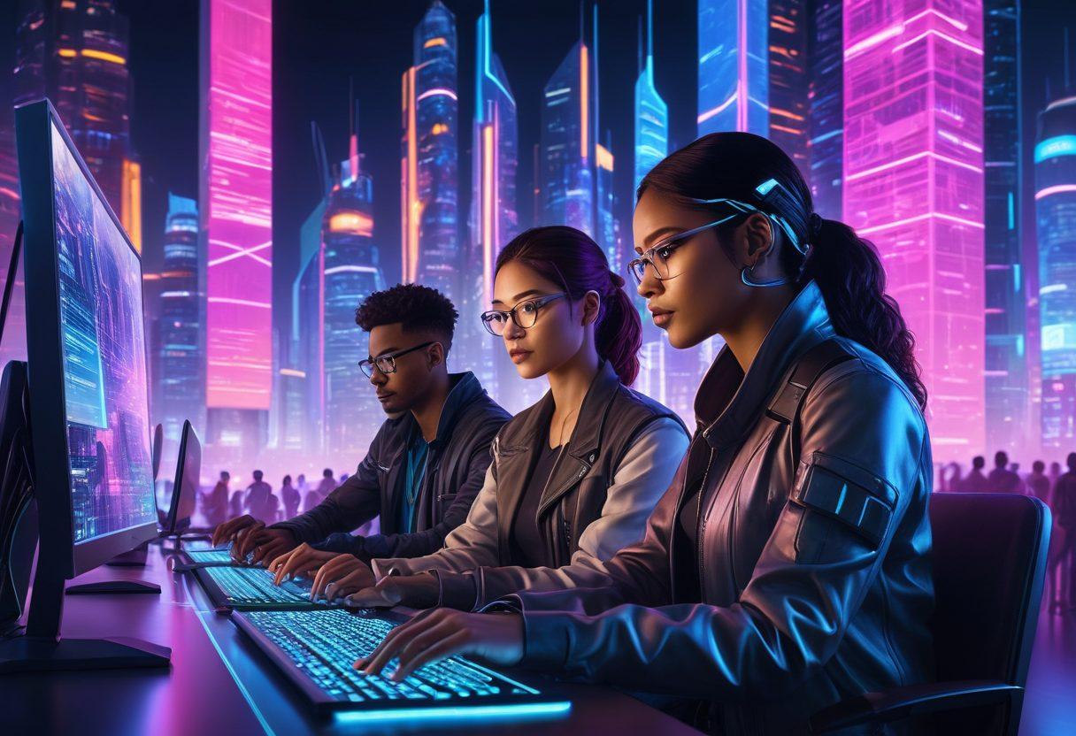 A captivating illustration of a diverse group of engineers collaborating on a high-tech networking device, surrounded by open-source code displayed on holographic screens, and personalized firmware interfaces. Include elements that represent customization, such as gear icons and flowing connections between devices. The background should feature a futuristic city skyline to convey innovation. vibrant colors. cyberpunk.