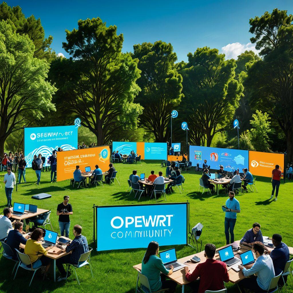 A vibrant community gathering in a tech-themed park, featuring diverse individuals discussing Wi-Fi setups around open laptops, with a backdrop of routers and digital security icons. Wi-Fi signals visualized as glowing waves connecting people and devices, immersed in a landscape of green trees and blue skies. A large banner reading 'OpenWRT Community' emphasized in bold letters above. vector art. bright colors. lively atmosphere.