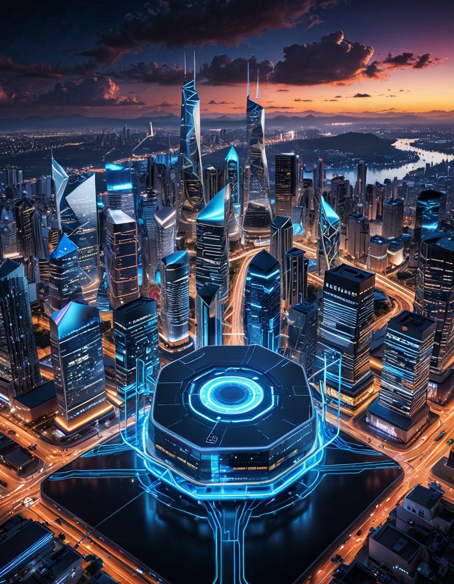 A futuristic landscape showcasing a powerful router with glowing lights, surrounded by abstract representations of custom firmware and networking solutions. Include dynamic lines symbolizing data flow, with a backdrop of a digital city skyline. Infuse the scene with technology and innovation elements, highlighting the versatility of OpenWRT. super-realistic. vibrant colors. 3D.